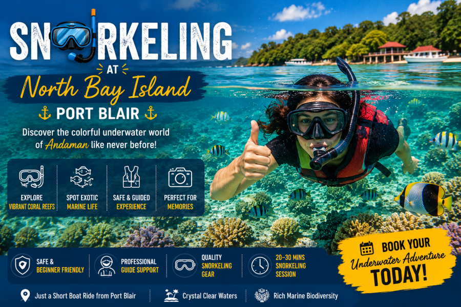 Tourist snorkeling at North Bay Island in Port Blair exploring colorful coral reefs and tropical marine life.