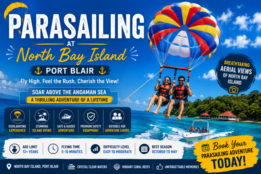 Tourist enjoying parasailing above the turquoise waters of North Bay Island in Port Blair, Andaman Islands.