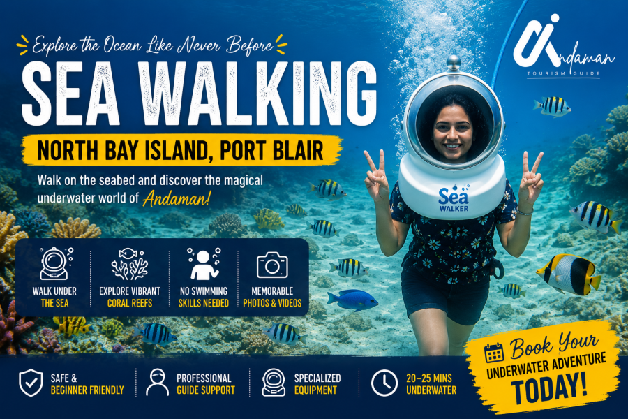 Tourist enjoying sea walking at North Bay Island, Port Blair, exploring colorful coral reefs and tropical fish in the Andaman Islands.
